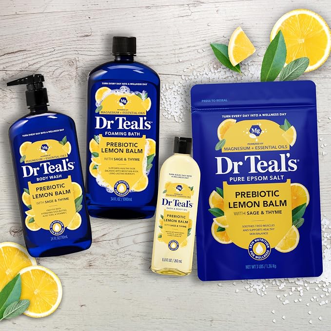 Dr Teal's Pure Epsom Magnesium Salt Soak, Prebiotic Lemon Balm & Essential Oil, 3 lbs (Pack of 4)