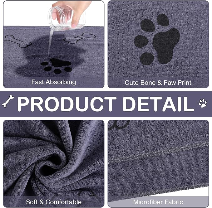 Chumia 8 Pcs Microfiber Dog Towels for Drying Dogs Cats 55 x 28 Inch Pet Towels Bulk for X-Large Puppy Absorbent Fast Drying Paw Bath Bathing Supplies for Pets(Dog Paw and Bone, Gray)