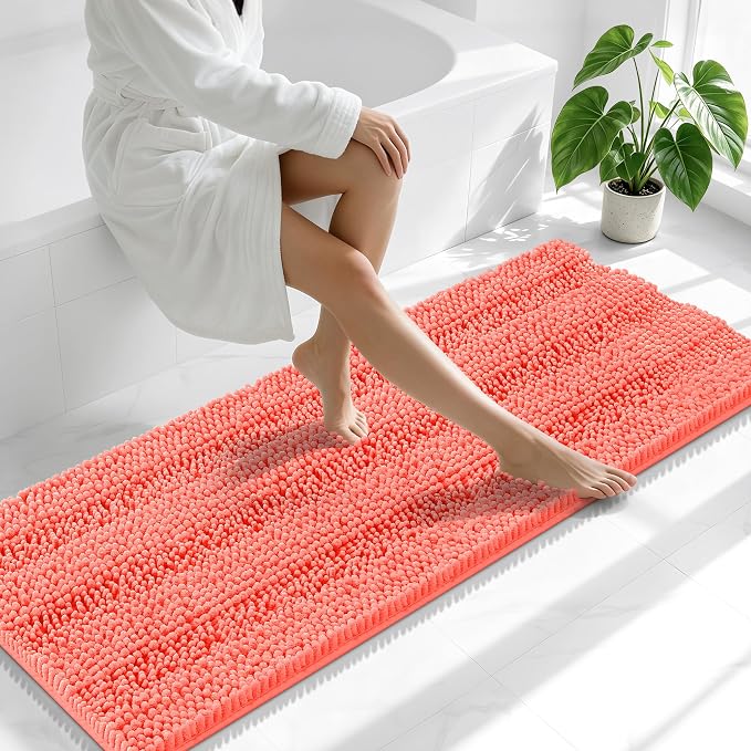 Smiry Thick Chenille Bathroom Runner Rugs 59x20, Absorbent Striped Bath Mat, Machine Washable, Rubber Backing, Extra Long Bath Rugs for Tub & Shower, Modern Home Decor Accessories, Coral