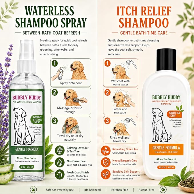 Dog Shampoo Set, Waterless Dog Shampoo Spray 8 oz Lavender & Tea Tree Scent + Hypoallergenic Itch Relief Shampoo 15.5 oz Green Tea Scent, No Rinse Dog Shampoo & Sensitive Skin Care Set