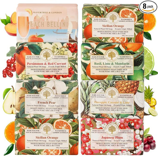 Wavertree & London Assorted Fruity Scents Natural Soap Bars (Pack of 8), 7oz Moisturizing Triple Milled Soap Bars Enriched with Shea Butter and Pure Plant Oils | All Body & Bath Soap