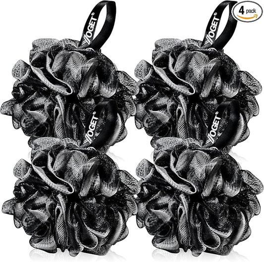 Yoget Bath Loofah Sponge, 4 Pack Black 60G Shower Mesh Ball Soft Pouf Body Scrubber, Exfoliate, Cleanse, Soothe Skin, Black Loofah with White Trim