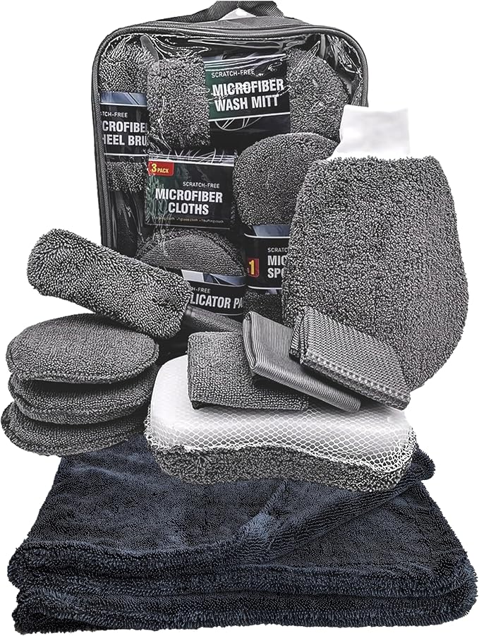 Car Drying Towels Set 10PCS Car Cleaning Kit, 36"x24" Twist Loop Microfiber Towel (Absorbs 1+ Gallon) Car Detailing Kit with Tire Brush Wax Pads Wash Mitt Sponge Interior & Glass Towels for Auto Care