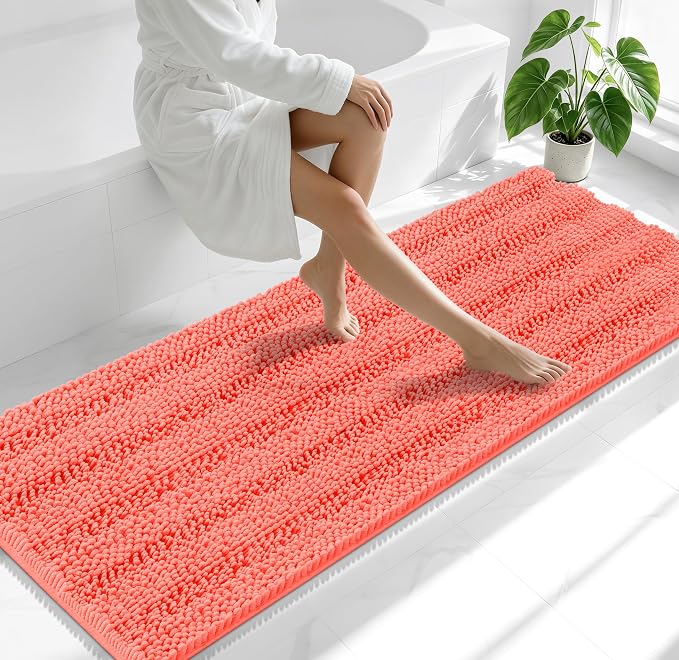 Smiry Thick Chenille Bathroom Runner Rugs 70x24, Absorbent Striped Bath Mat, Machine Washable, Rubber Backing, Extra Long Bath Rugs for Tub & Shower, Modern Home Decor Accessories, Coral
