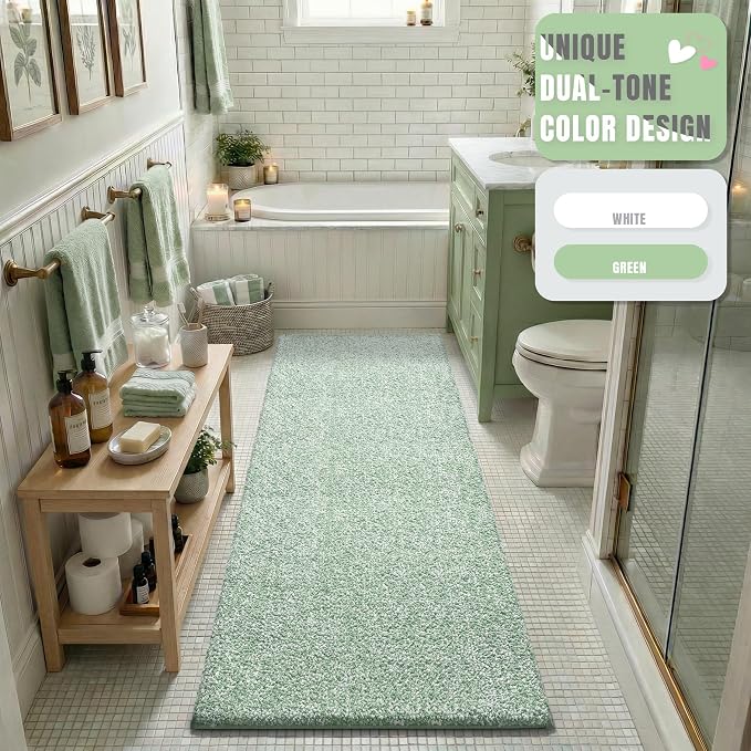 Yimobra Cushioned Anti-Fatigue Long Bathroom Runner Rug, Non Slip Washable Bath Mat, Dense Soft for Double Sink Vanity, Tired Feet Comfort, Absorbent, 60" X 24" (5.0' × 2.0'), Green and White