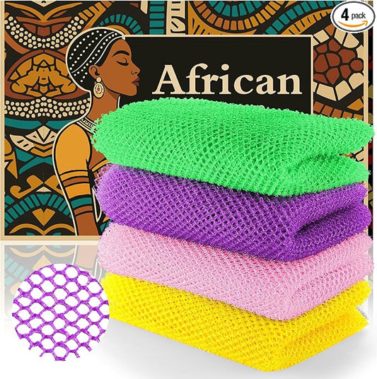 African Bath Sponge 4 Pieces - Net Exfoliator for Glowing Skin, Long-Lasting Nylon Mesh Scrubber, Gentle Enough for Daily Use (Yellow, Pink, Purple, Green)