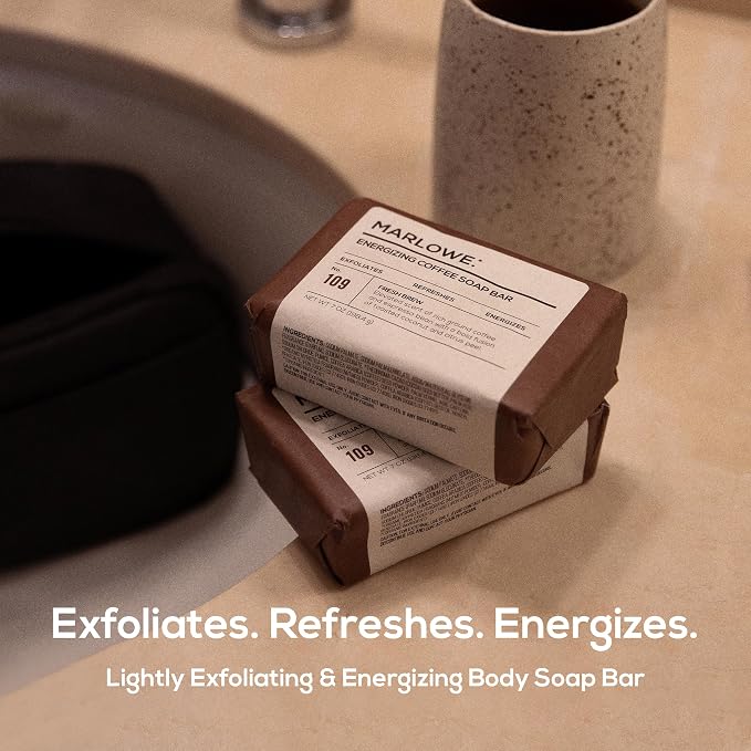 MARLOWE. Coffee Bar Soap, Exfoliating Body Scrub for Men, 7 oz (3 Bars) | Energizing Coffee Bar exfoliates and refreshes for smooth, clean, refreshed skin. Fresh Brewed scent.