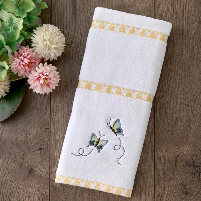 SKL Home Dancing Butterflies 100% Cotton Embroidered 2pc Hand Towel Set, Decorative for Bath/Kitchen/Bar & Gift, White