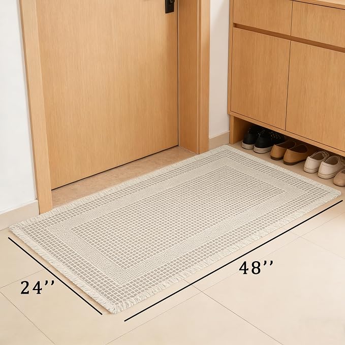 Waffle Bath Mat Non Slip, Boho Runner Rug, Super Absorbent Quick Dry Long Bath Runner Bathroom, Soft Farmhouse Bath Rug with Tassels, Washable Shower Mats for Floor 24"x48", Square Cream