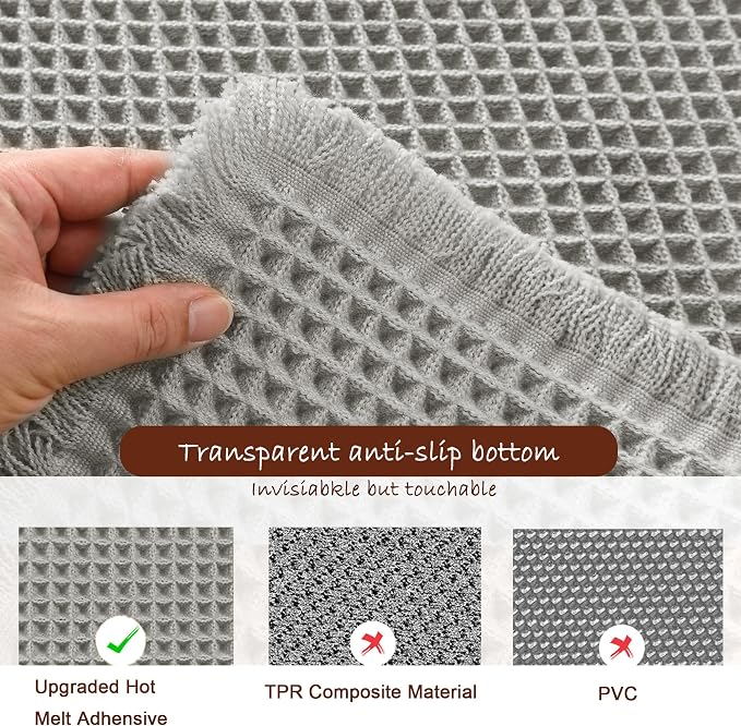 DWCN Grey Waffle Bathroom Mat, Boho Bath Rugs Super Absorbent Non Slip Bath Mats for Bathroom Floor, Ultra Soft Farmhouse Shower Mats for Tub and Shower, 16 x 24 Inch