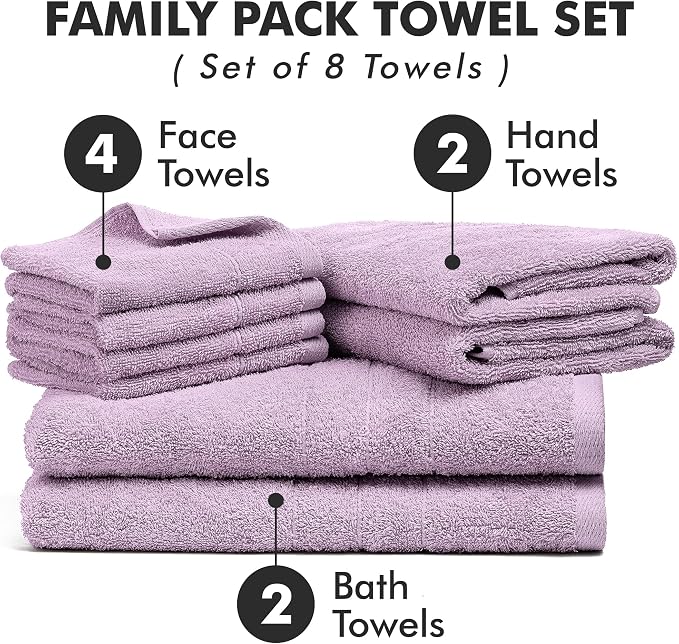 Bath Towels Set of 8 – 100% Ring Spun Cotton (Lilac) Bathroom Towel Set Bale Includes 2 Bath, 2 Hand, 4 Face Towels – 550 GSM Soft, Absorbent & Quick Dry Towel for Bathroom, Spa, Kitchen, Hotel Use