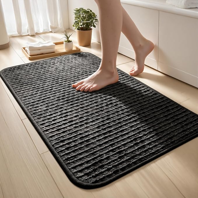 Thin Bathroom Rugs Fit Under Door Quick Dry Non Slip Absorbent Bath Mat with Rubber Backing, Woven Shower Mats for Bathtub, Toilet, Floor, Easy Care, Machine Washable, 17"x 32", Black