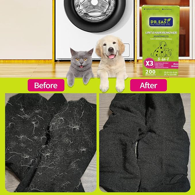 Dr.Easy Pet HUGESHEETS with 3X Dryer Sheets, Rose Dream, 200 Count | LINT & HAIR REMOVER,PLANT&MINERAL-BASED FORMULA