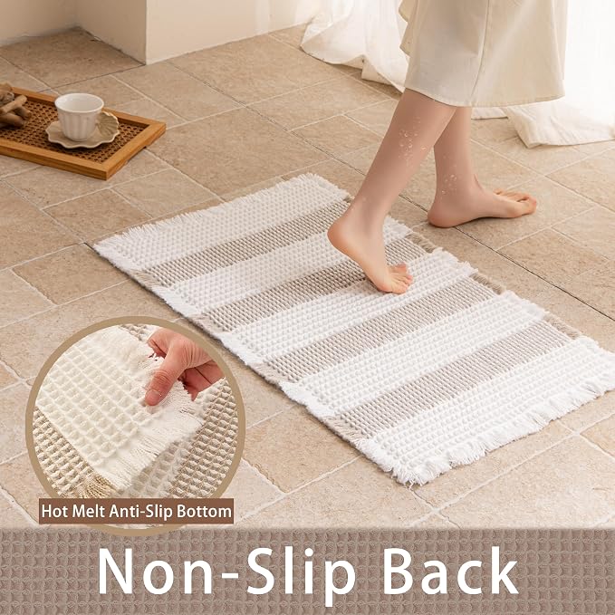 Waffle Bath Mat Non Slip, Boho Bathroom Rug, Super Absorbent Quick Dry Bathroom Mat, Soft Farmhouse Bath Rug with Tassels, Small Washable Shower Mats for Floor 16"x24", White and Taupe