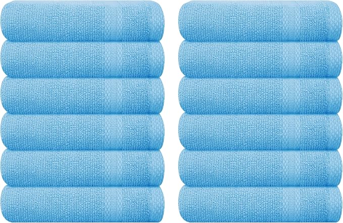 GLAMBURG Ultra Soft 12-Piece Washcloths Set 13x13-100% Ringspun Cotton - Durable & Highly Absorbent Face Towels - Ideal for use in Bathroom, Kitchen, Gym, Spa & General Cleaning - Sky Blue