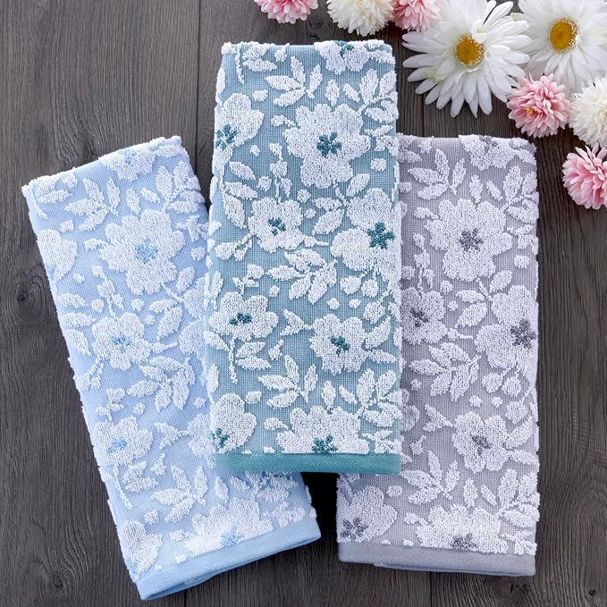 SKL Home Floral Jacquard 100% Cotton 2pc Hand Towel Set, Reversible & Decorative for Bath/Kitchen/Bar & Gift, Moss Green