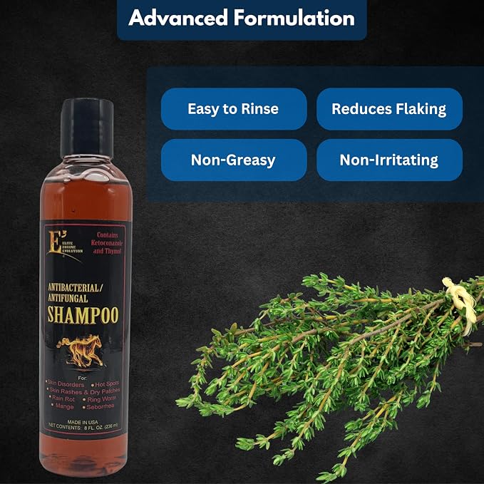 E3 Antifungal Ketoconazole and Thymol Skincare Shampoo for Horses and Dogs - Relieves Itching, Irritation, and Skin Infections - Fortified with Nano Vitamins A, C, E & F (8 oz)
