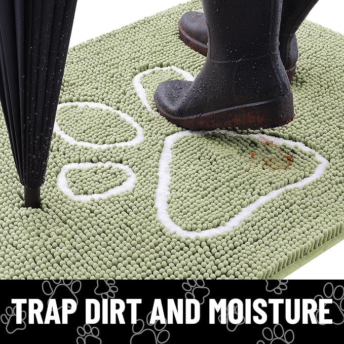 Smiry Dog Door Mat for Muddy Paws, Absorbent Dirt Trapper Non Slip Quick Dry Washable Chenille Mat for Mud Dogs, Entry Rug for Indoor and Outdoor (47x24 Inches, Sage Green and White)