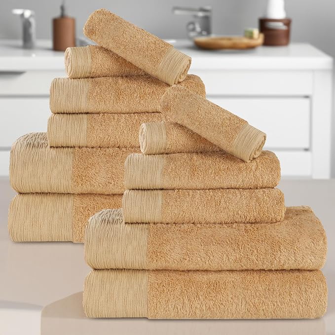 Superior Rayon from Bamboo Blend 12-Piece Towel Set, Luxury Quick Dry, Bathroom Essentials, Shower, Spa, Plush Soft Absorbent Towels, Includes 4 Bath, 4 Hand, 4 Washcloth/Face Towels, Gold