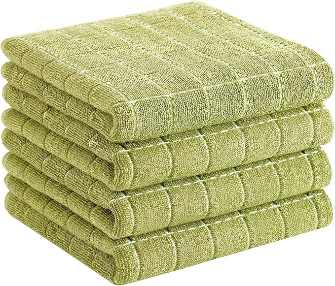 Homaxy 100% Cotton Terry Kitchen Towels(Sage Green, 13 x 28 inches), Checkered Designed, Soft and Super Absorbent Dish Towels, 4 Pack
