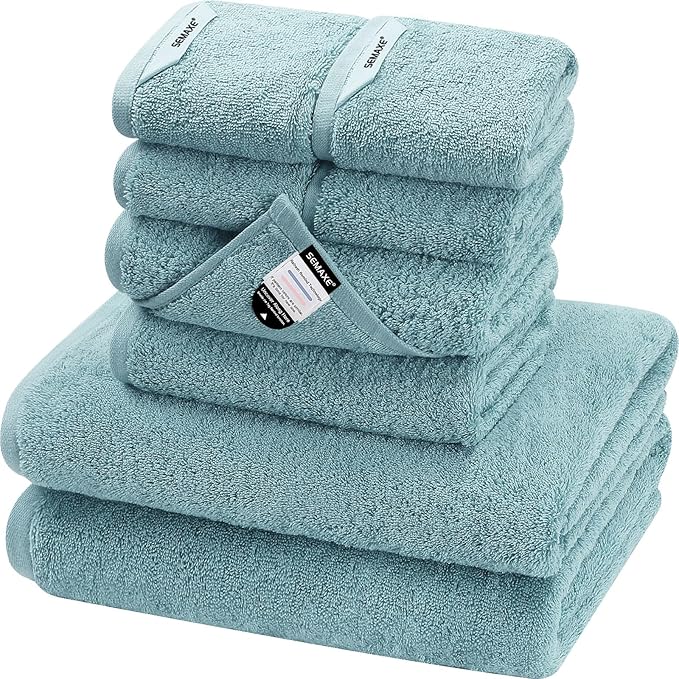 SEMAXE 8-Piece Cotton Bath Towel Set with Hanging Loops for Bathroom, Blue | Complete starter set for daily showers, sink-side use, small bathrooms, and guest baths, OEKO-TEX certified, easy care