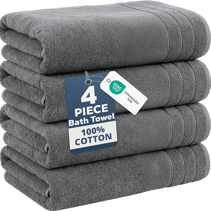 Casa Platino 100% Cotton Bath Towels Set of 4 (30"x60") - Ring Spun Mercerized Cotton Bathroom Towel Sets - Quick Dry, Soft & Absorbent Grey Towels Set - Pre Shrunk, Fade Resistant - Ultimate Grey