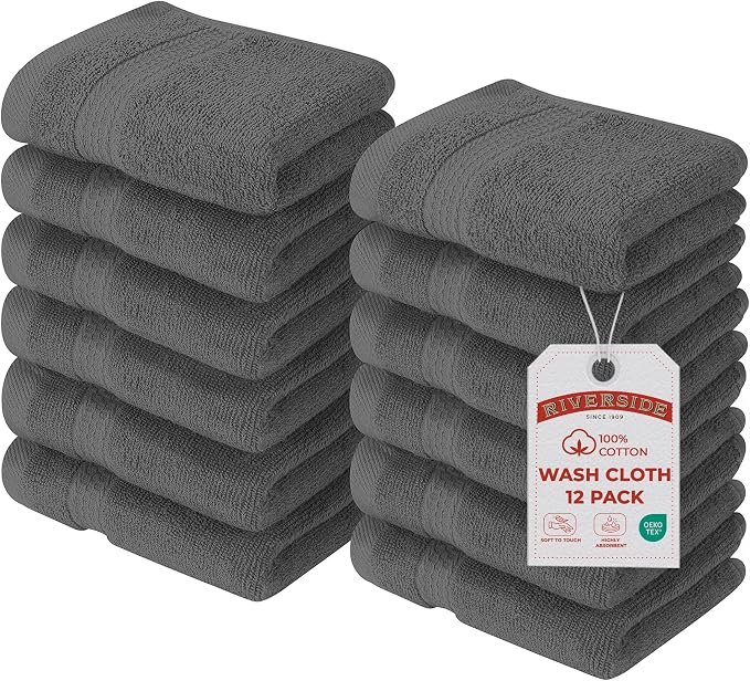 RIVERSIDE 12-Pack Premium 100% Cotton Gray Face Towels for Bathroom [12x12] - Reusable Luxury Face Wash Cloths for Showering - 550 GSM Super Soft & Absorbent Washcloths for Body, Spa & Gym