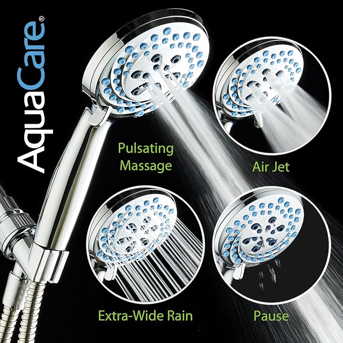 AquaCare Seen-On-TV High Pressure 8-mode Handheld Shower Head - 2-mode Power Wash to Clean Tub, Tile & Pets, Stay-Clean Nozzles, Extra Long 6 ft. Stainless Steel Hose, Wall & Overhead Brackets, Chrome