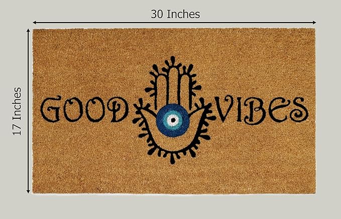 Croft&Cane Welcome Doormat – Non Slip Coco Coir Door Mat - Good Vibes Evil Eye Dirt Trapping Entryway Mat - Low Profile Indoor Outdoor Front Door Mat for Patio, Porch & High Traffic Areas - 17 x 30
