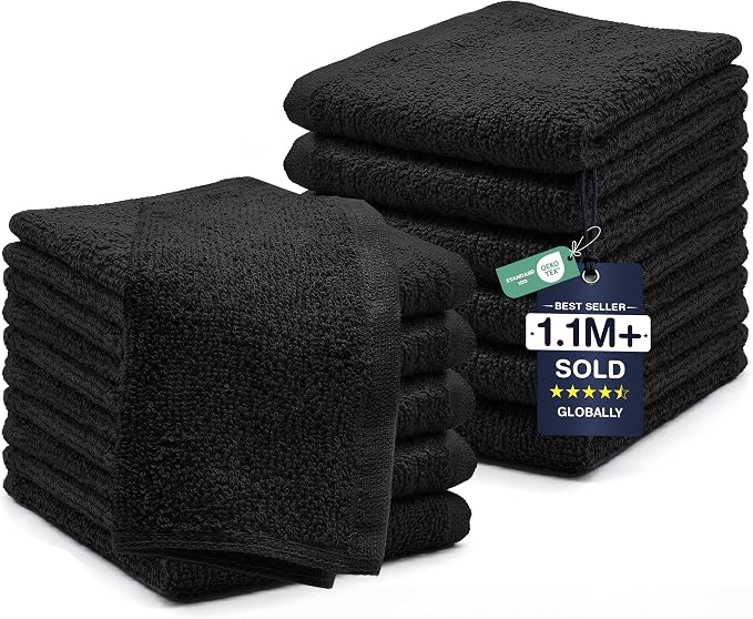 DAN RIVER 12 Pack Wash Cloths for Showering [12x12] - 100% Cotton Washcloths Premium Quality Flannel Face Cloths for Bathroom, Highly Absorbent and Soft Feel Wash Clothes, Black