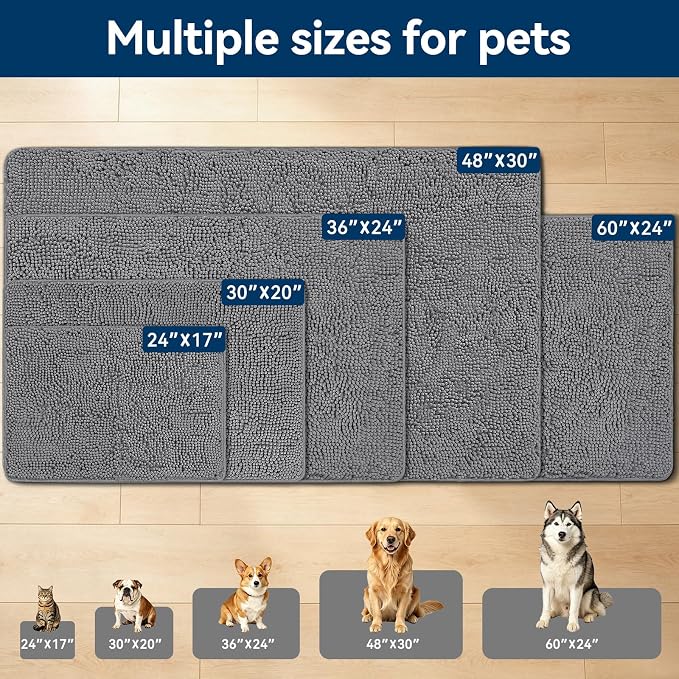 Bcoimo 30×20 Absorbent Chenille Dog Doormat – Non-Slip Quick Dry Entryway Rug Ideal for Homes with Dogs, Machine Washable Dirt Trapper for Muddy Paws (Grey 30×20 Inches)