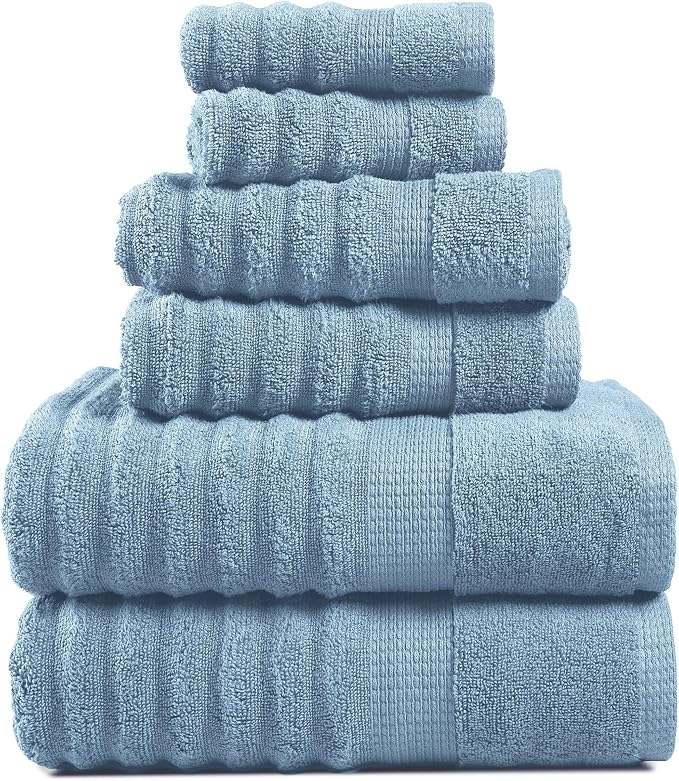 LANE LINEN Cotton Bath Towels Set of 6 - Exclusive Zero Twist - Softer, Quick Dry & Absorbent - 2 Bath, 2 Washcloths, 2 Hand Towels for Bathroom - Durable, Premium Quality & Ideal Gift for Him - Blue