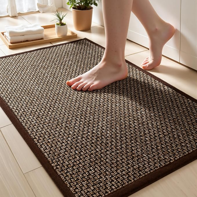 Non Slip Bath Mat with Rubber-Backing Braided Absorbent Machine Washable Ultra Thin Bathroom Rug,Fits Under Door, Quick Dry, 17" x 24"
