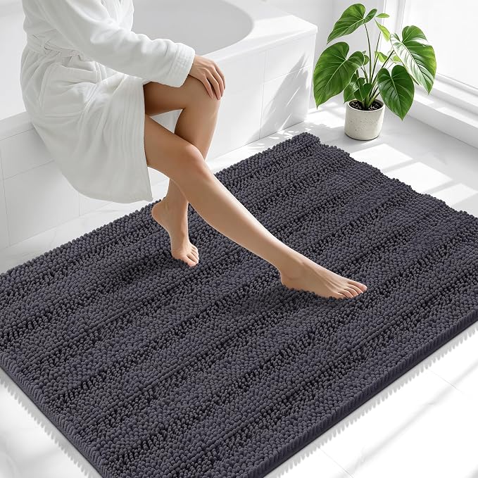 Smiry Thick Chenille Large Bathroom Rugs 40x32, Extra Soft Absorbent Striped Bath Mat, Machine Washable, Rubber Backing, Bath Rugs for Bathroom, Tub & Shower, Home Decor Accessories, Dark Grey