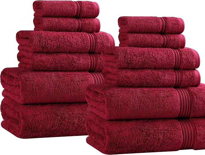 Superior Egyptian Cotton 12-Piece Towel Set, Assorted Towels for Home Bathroom, Master, Guest Bath, Decor Essentials, Includes 4 Bath, 4 Hand, 4 Face Towels/Washcloths, Quick Dry, Absorbent, Burgundy