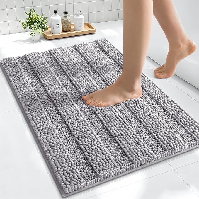 Smiry Thick Small Chenille Bathroom Rugs 24x16, Extra Soft Absorbent Striped Bath Mat, Machine Washable, Rubber Backing, Bath Rugs for Tub & Shower, Modern Home Decor Accessories, Grey