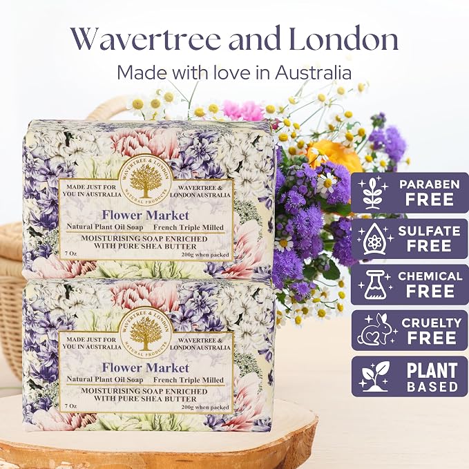 Wavertree & London Flower Market Scented Natural Soap (2 Bars), 7oz Moisturizing French Triple Milled Soap Bars enriched with shea butter - Pure Plant Based Bath & Body Bars for All Skin Types