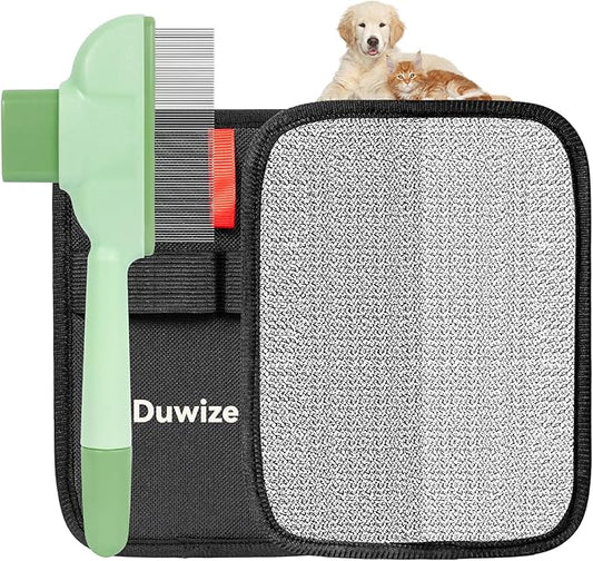 Flea Comb for Cats & Dogs – Removes Loose Hair, Tangles, Fleas & Dander, with Free Electrostatic Pet Hair Removal Glove for Clothes, Furniture, Carpets & Bedding