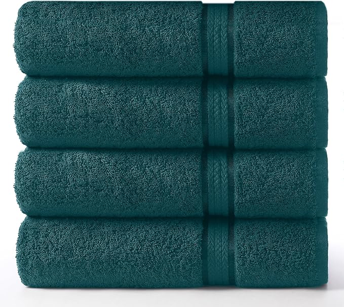 Cotton Craft Ultra Soft 4 Pack Oversized Extra Large Bath Towels 30x54 Teal Weighs 22 Ounces - 100% Pure Ringspun Cotton - Luxurious Rayon Trim - Ideal for Everyday use - Easy Care Machine wash