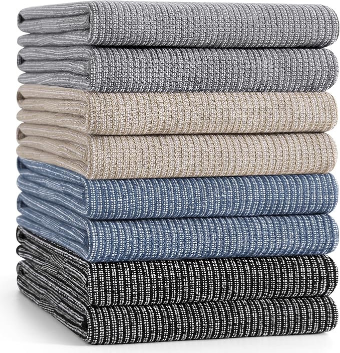 Mordimy Premium Kitchen Towels 8 Pack (18 x 28 Inches, Mixed Color), Large Cotton Kitchen Hand Towel, Flat & Terry Dish Towels for Drying Dishes, Super Absorbent Tea Dishtowels Set with Hanging Loop
