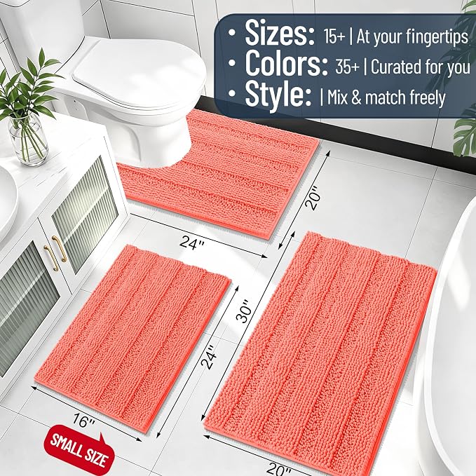 Smiry Thick Chenille Bathroom Runner Rugs 59x20, Absorbent Striped Bath Mat, Machine Washable, Rubber Backing, Extra Long Bath Rugs for Tub & Shower, Modern Home Decor Accessories, Coral