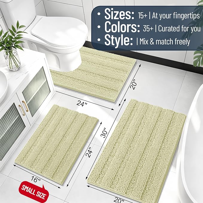 Smiry Thick Chenille Bathroom Rugs 30x20, Extra Soft Absorbent Striped Bath Mat, Machine Washable, Rubber Backing, Bath Rugs for Bathroom, Tub & Shower, Modern Home Decor Accessories, Vanilla