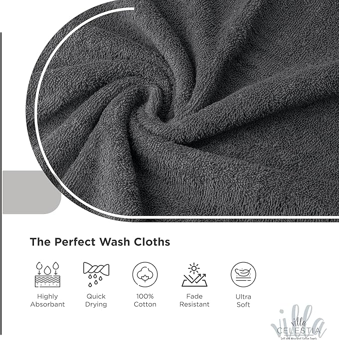 Cotton Washcloths Set of 6, 12x12 Inch, 100% Ring-Spun Combed Cotton, Soft Absorbent Quick-Dry Wash Cloths for Face and Body, Oeko-TEX Certified, Hotel & Spa Quality, Grey
