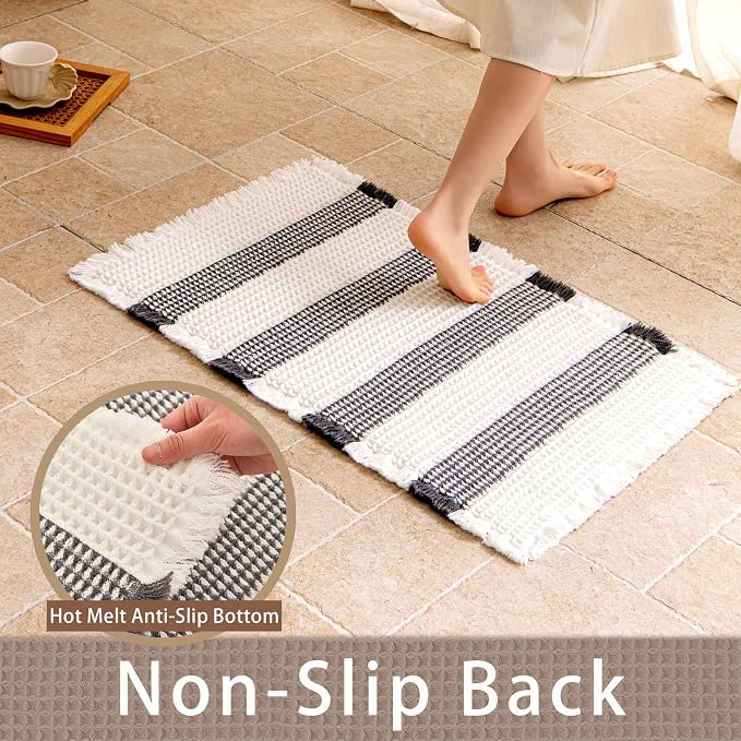 Waffle Bath Mat Non Slip, Boho Bathroom Rug, Super Absorbent Quick Dry Bathroom Mat, Soft Farmhouse Bath Rug with Tassels, Small Washable Shower Mats for Floor 16"x24", White and Black