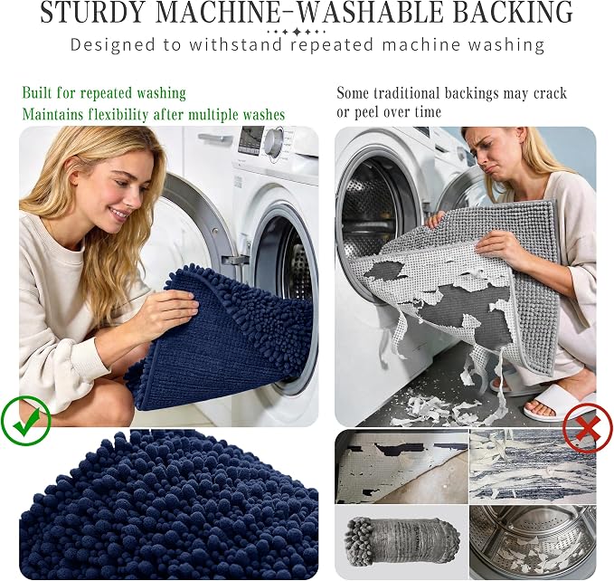 Yimobra Bathroom Rugs Non Slip Washable - Ultra Soft Absorbent Chenille Bath Mat, Quick Dry Shaggy Floor Carpet for Tub Shower, Navy Blue Home Decor Accessories, 24x17 Inch