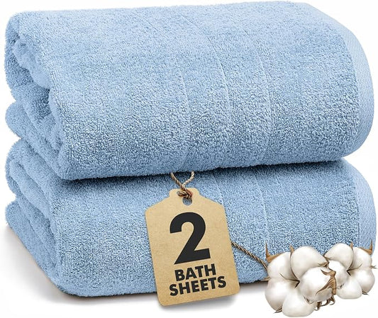 Bath Sheets – 550 GSM Extra Large Bathroom Sheet Set – Pack of 2 Jumbo Towels Sky Blue (71x35in) – 100% Ring Spun Cotton Soft Quick Dry Large Bath Towels for Adults Hotel Spa Bathroom Use