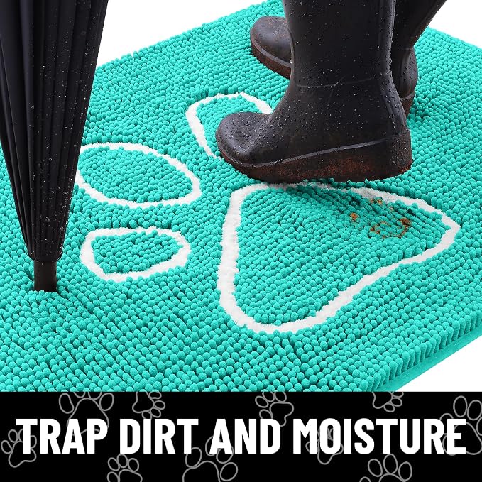 Smiry Dog Door Mat for Muddy Paws, Absorbent Dirt Trapper Non Slip Quick Dry Washable Chenille Mat for Mud Dogs, Entry Rug for Indoor and Outdoor (48x30 Inches, Turquoise and White)