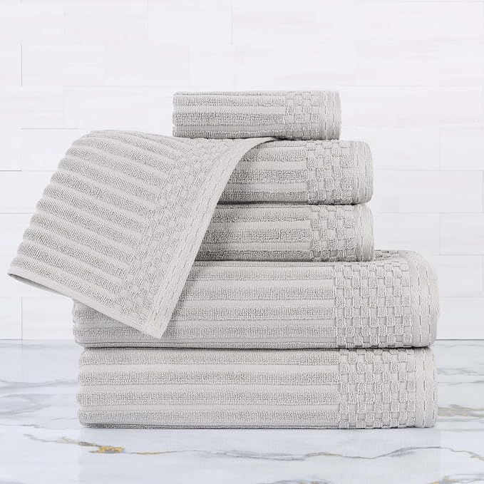 Superior 6 Piece Cotton Towel Set, Includes 2 Bath Towels, 2 Hand Towels, 2 Face Towel/Washcloths, Daily Use for Bathroom, Guest Bath, Ribbed, Absorbent, Home Essentials, Soho Collection, Silver