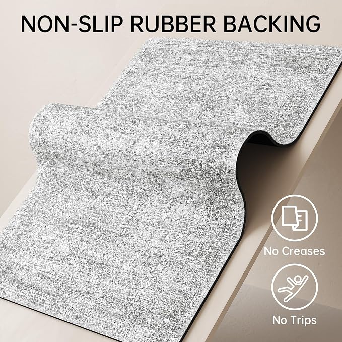 Mecko Bath Mat, Ultra Absorbent Quick Dry Bathroom Floor Mats-Rubber Non-Slip Thin Bathroom Rug Fit Under Door, Faux Suede Surface Shower Rug for Bathtub, Sink, Shower Room(Grey/Cream,16"x24")