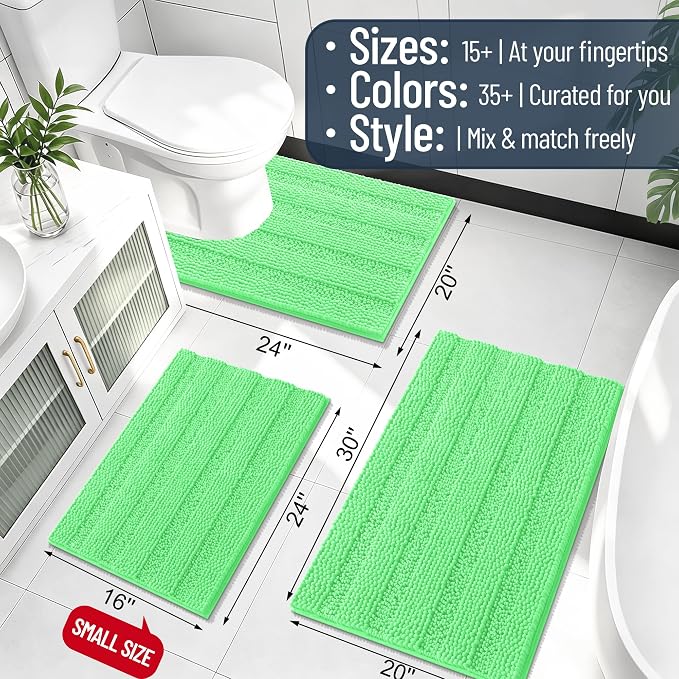Smiry Thick Chenille Bathroom Rugs 36x24, Extra Soft Absorbent Striped Bath Mat, Machine Washable, Rubber Backing, Bath Rugs for Bathroom, Tub & Shower, Home Decor Accessories, Mint Green